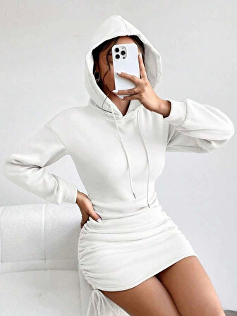 BİÇOMİ 3 iplik şardonlu kapşonlu elbise beyaz