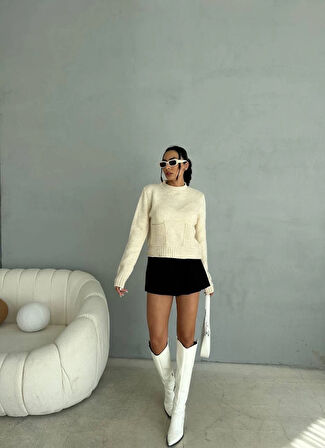 BİÇOMİ Cepli triko kazak krem