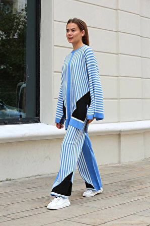 BİÇOMİ Çizgili bisiklet yaka triko takım Mavi