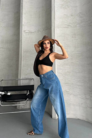 BİÇOMİ Baggy süper taş bıyık yıkama mavi jeans pantolon d2007