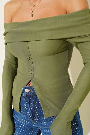 BİÇOMİ Madonna Yaka Düğmeli Bluz yeşil t4329