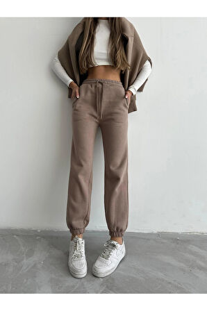 BİÇOMİ 3 iplik şardonlu paça lastikli eşofman vizon is001