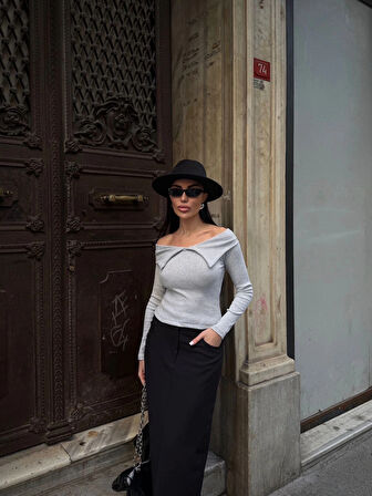 BİÇOMİ Kelebek yaka uzun kol bluz Gri