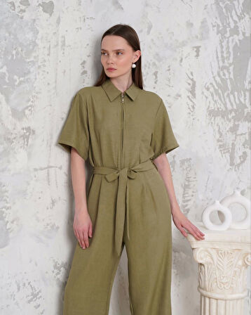 BİÇOMİ Kuşaklı gömlek yaka salaş tulum haki s255822