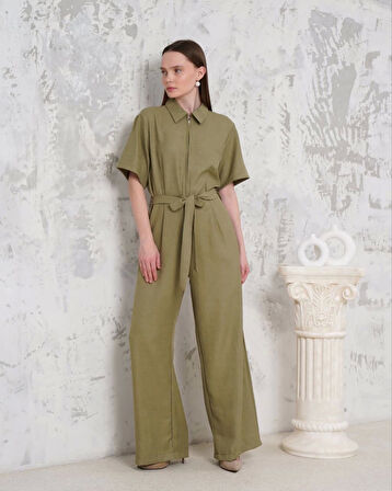 BİÇOMİ Kuşaklı gömlek yaka salaş tulum haki s255822