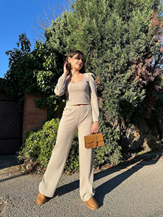 BİÇOMİ Fitilli prenses kol alt üst takım bej