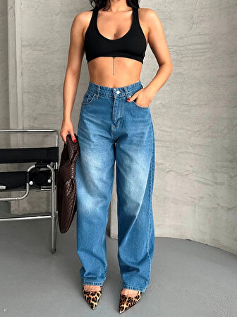 BİÇOMİ Baggy süper taş bıyık yıkama mavi jeans pantolon d2007