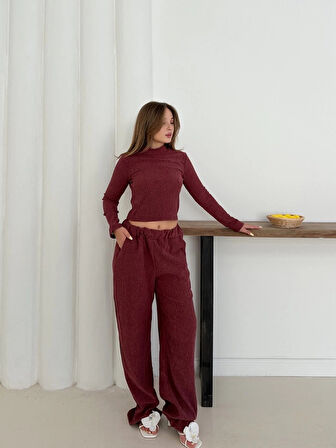 BİÇOMİ Balıkçı yaka örme takım bordo st265865