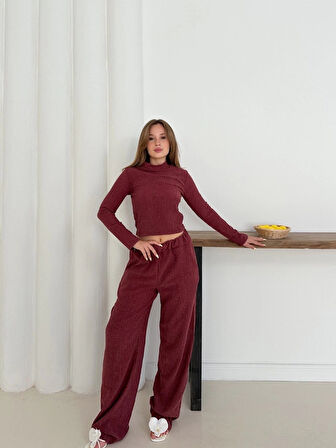 BİÇOMİ Balıkçı yaka örme takım bordo st265865