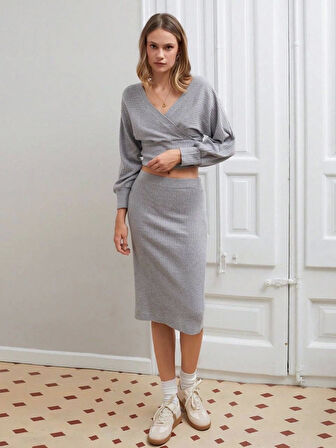 BİÇOMİ Kruvaze şardonlu etekli takım gri