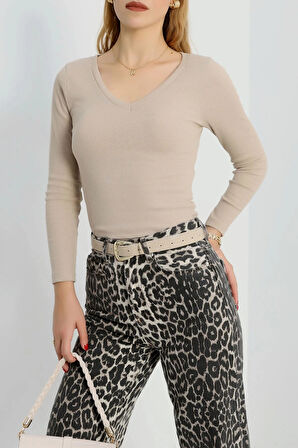 BİÇOMİ V yaka kaşkorse bluz bej a3699
