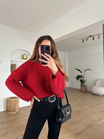 BİÇOMİ Salaş delik detaylı kazak kırmızı