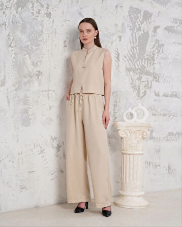 BİÇOMİ Broşlu yelek pantolon takım bej s255821