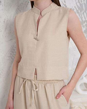 BİÇOMİ Broşlu yelek pantolon takım bej s255821
