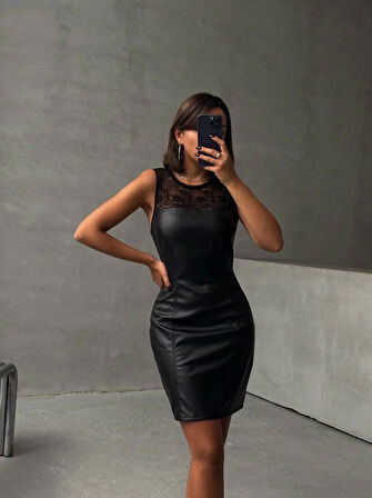 BİÇOMİ Üstü dantelli straplez deri elbise siyah w24421