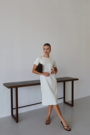 BİÇOMİ Modal yırtmaçlı elbise beyaz pt