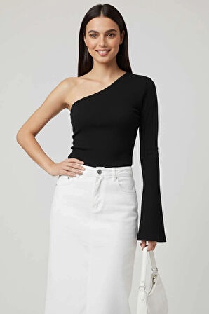 BİÇOMİ Tek Omuzlu Basic Bluz Siyah T4275
