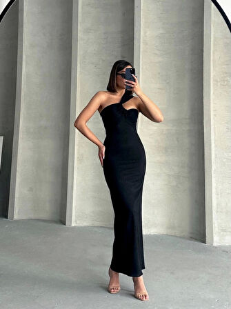 BİÇOMİ Krinkıl tek omuz uzun elbise siyah s25455