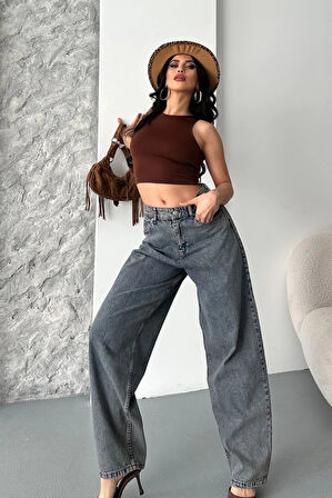 BİÇOMİ Baggy kar yıkama eskitme kahve jeans pantolon d2007