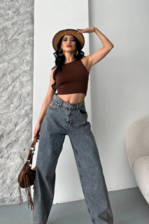 BİÇOMİ Baggy kar yıkama eskitme kahve jeans pantolon d2007