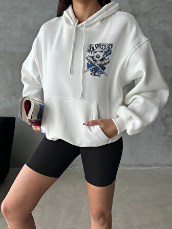 BİÇOMİ 3 iplik şardonlu oversize kafa baskılı sweat beyaz