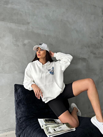 BİÇOMİ 3 iplik şardonlu oversize kafa baskılı sweat beyaz