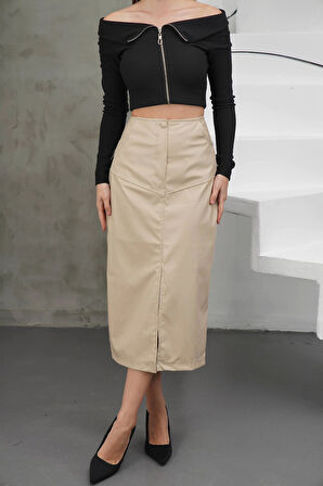 BİÇOMİ Yırtmaçlı uzun deri etek bej