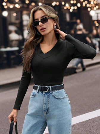 BİÇOMİ V yaka kaşkorse bluz siyah w3817