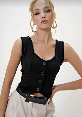 BİÇOMİ Krep kumaş düğmeli yelek siyah s3395