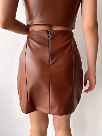 BİÇOMİ Beş düğmeli oval deri etek kahve h240068