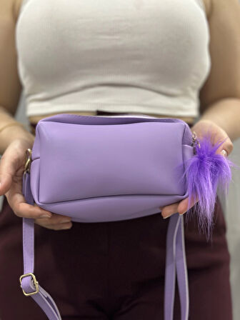 BİÇOMİ Ponpon mor cilt çanta
