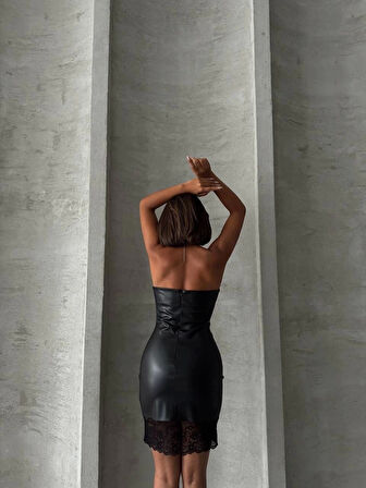 BİÇOMİ Altı dantelli straplez deri elbise siyah w240419