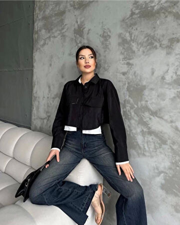 BİÇOMİ Çift renkli kısa gömlek siyahbeyaz s4021