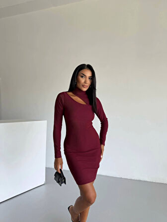 BİÇOMİ Boğazlı gögüs dekolteli elbise bordo f2333