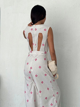 BİÇOMİ Sırt dekolteli keten beyaz tulum S1036