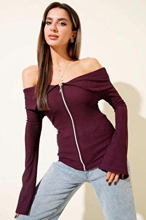 BİÇOMİ Omzu Açık Fermuarlı Bluz Mürdüm T4330