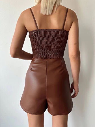 BİÇOMİ Çift fermuarlı deri şort kahve h24394