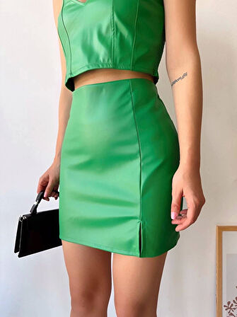 BİÇOMİ Tek yırtmaçlı arkadan fermuarlı deri etek yeşil s24475