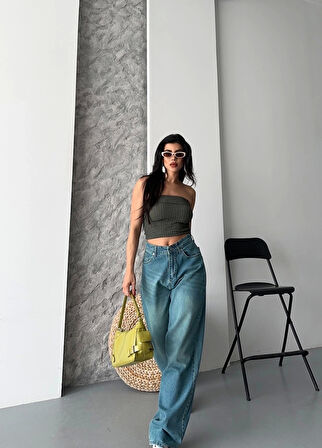 BİÇOMİ Baggy taş enzim bıyık yıkama jeans pantolon yeşil tint d2007