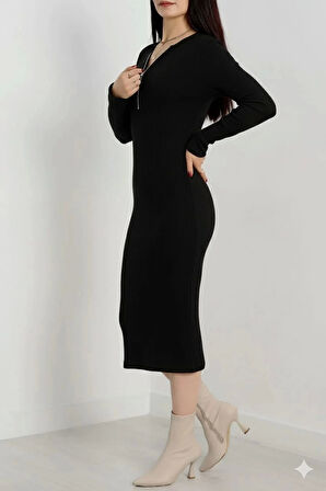 BİÇOMİ Fermuar detaylı fitilli şardonlu elbise siyah a3178