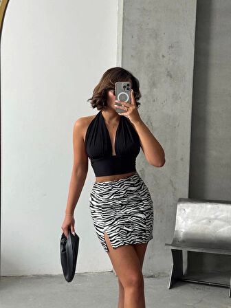 BİÇOMİ Tek yırtmaçlı zebra desenli deri etek beyazsiyah w24475-S