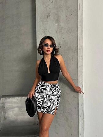BİÇOMİ Tek yırtmaçlı zebra desenli deri etek beyazsiyah w24475-S