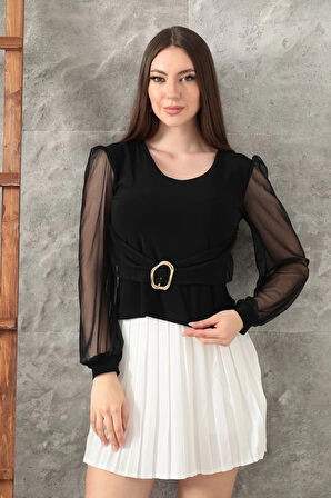 BİÇOMİ Tokalı tül kollu bluz siyah t4071