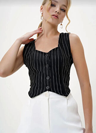 BİÇOMİ Çizgili krep düğmeli yelek siyah s3395