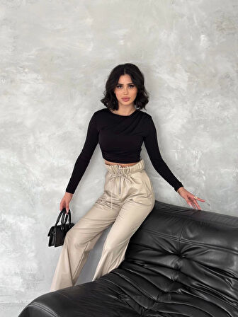 BİÇOMİ Kendinden ince kemerli deri pantolon bej t1178