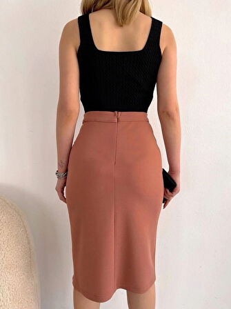 BİÇOMİ Uzun midi boy yırtmaçlı etek somon s24907