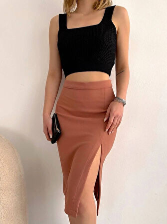 BİÇOMİ Uzun midi boy yırtmaçlı etek somon s24907