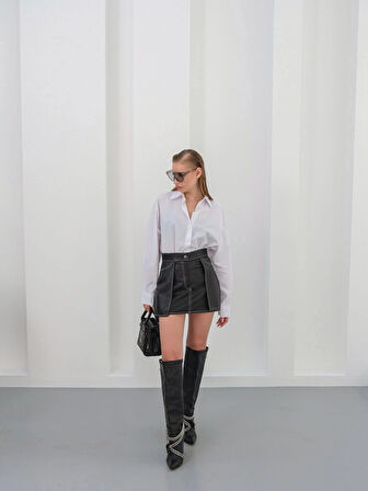 BİÇOMİ Kontrast deri etek siyah w260015