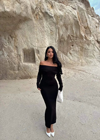 BİÇOMİ Madonna yaka esnek kumaş elbise siyah