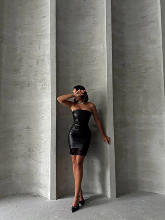 BİÇOMİ Altı dantelli straplez deri elbise siyah w240419